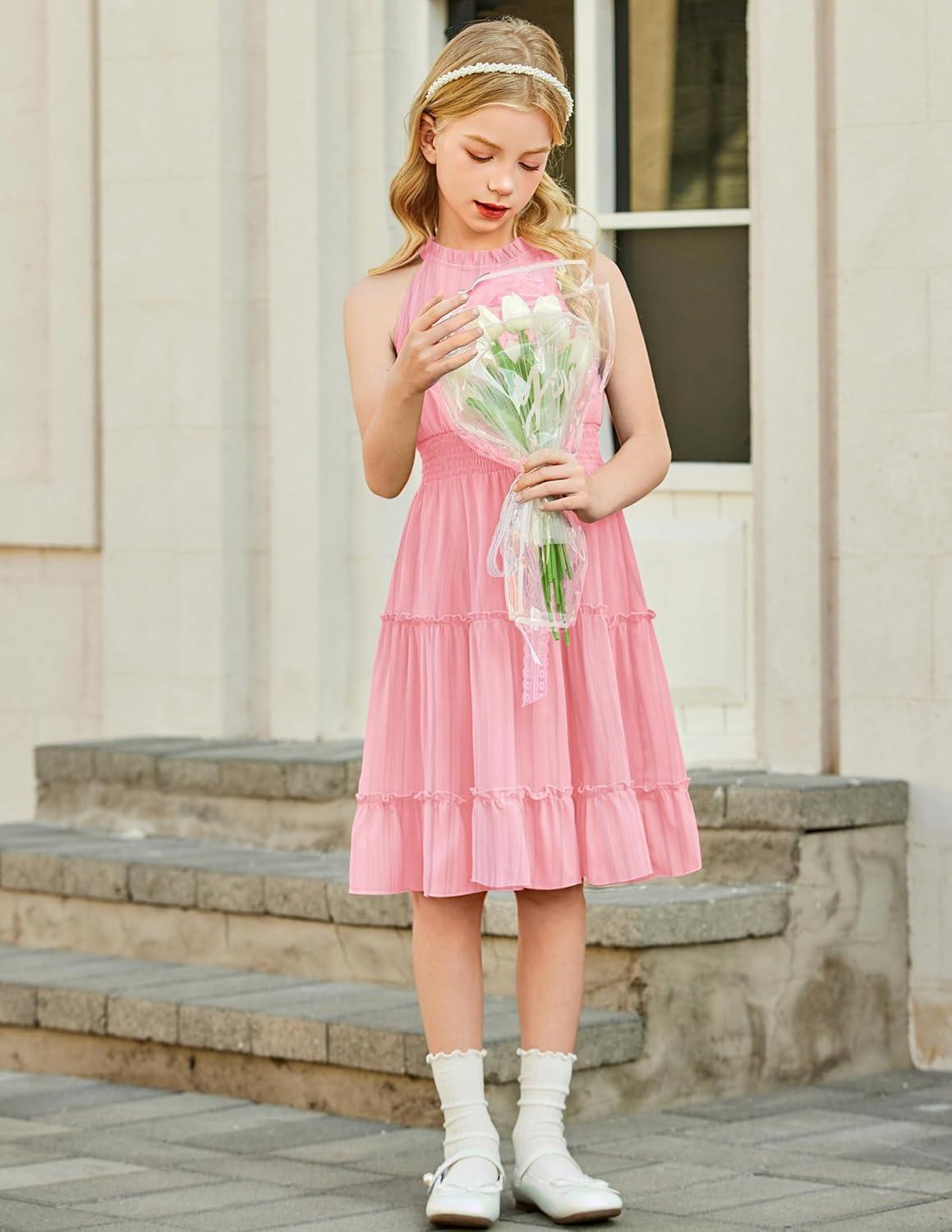 image:imageArshiner Girls Halter Neck Sleeveless Dress Casual Flowy Smocked Cute Summer DressLight Pink