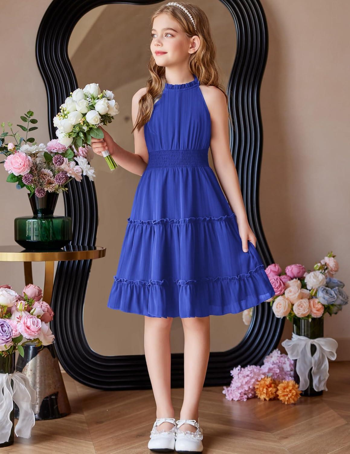image:imageArshiner Girls Halter Neck Sleeveless Dress Casual Flowy Smocked Cute Summer DressRoyal Blue