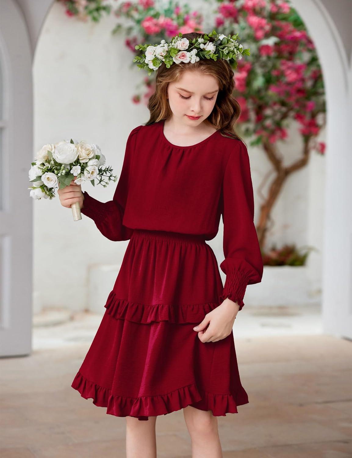 image:imageArshiner Girls Long Sleeve Dress Boho Tiered Ruffle Hem Elegant Smocked Waist Midi DressWine Red