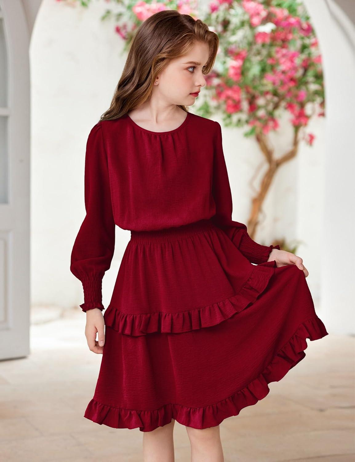 image:imageArshiner Girls Long Sleeve Dress Boho Tiered Ruffle Hem Elegant Smocked Waist Midi DressWine Red