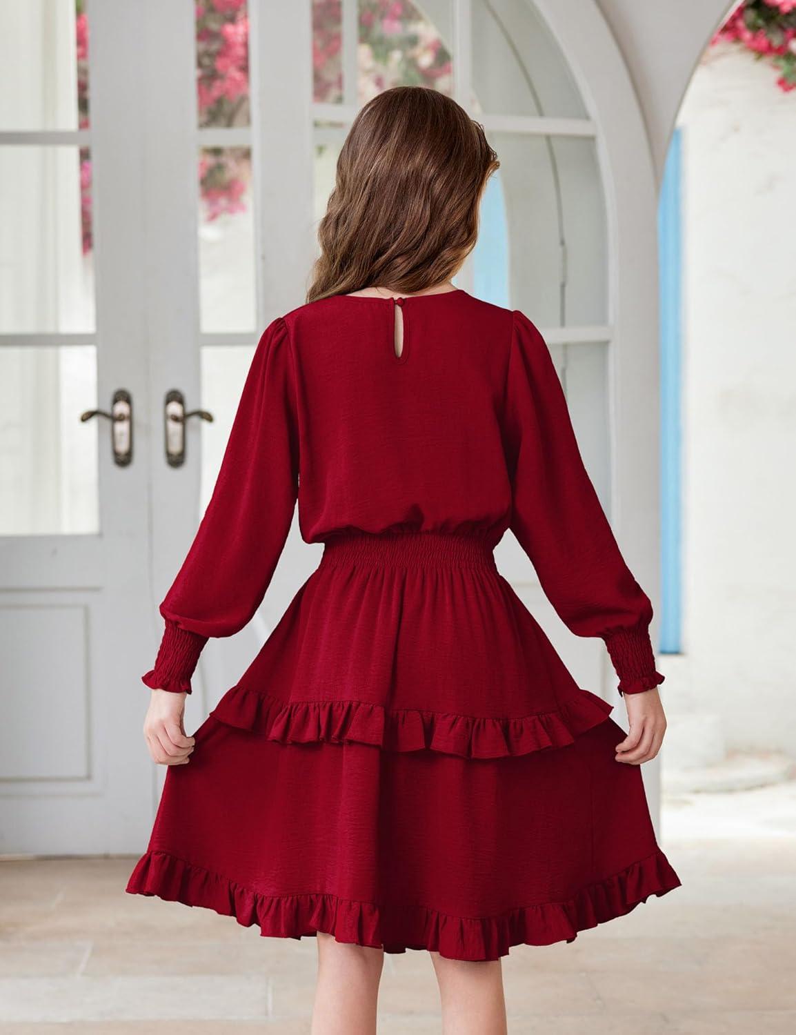 image:imageArshiner Girls Long Sleeve Dress Boho Tiered Ruffle Hem Elegant Smocked Waist Midi DressWine Red