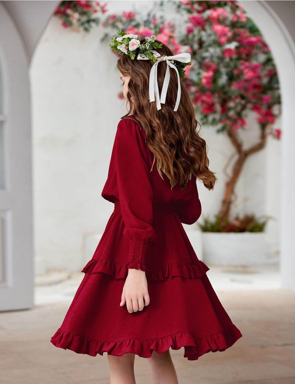image:imageArshiner Girls Long Sleeve Dress Boho Tiered Ruffle Hem Elegant Smocked Waist Midi DressWine Red