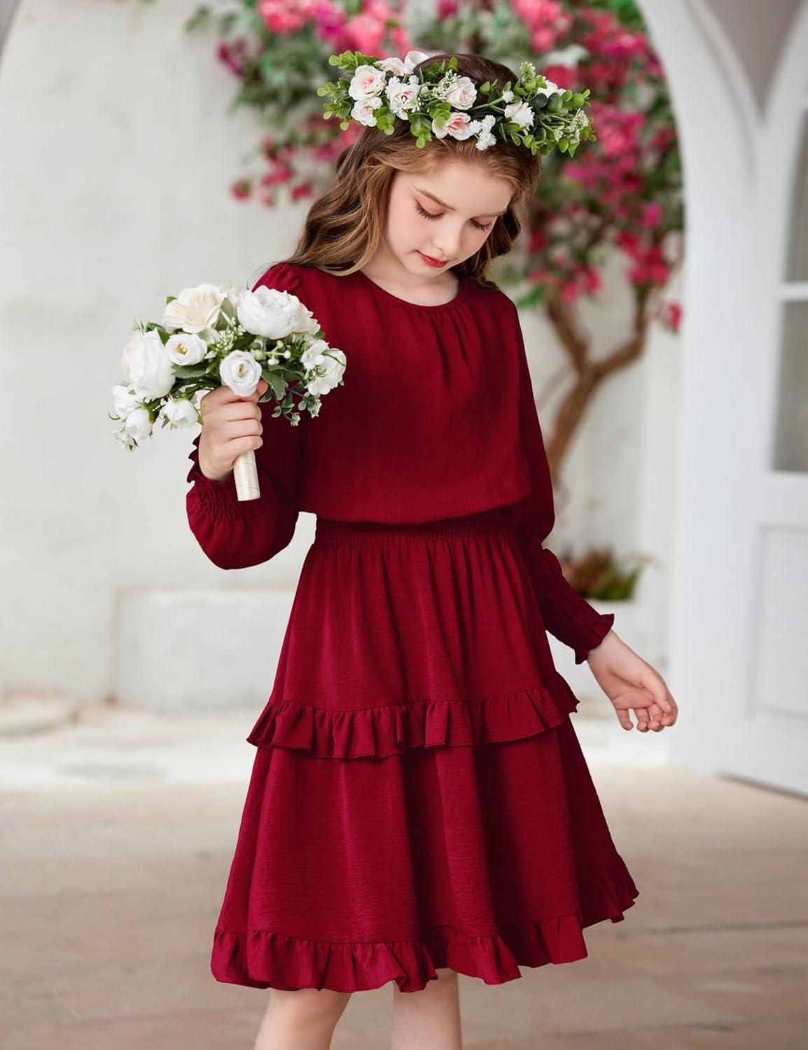 image:imageArshiner Girls Long Sleeve Dress Boho Tiered Ruffle Hem Elegant Smocked Waist Midi DressWine Red