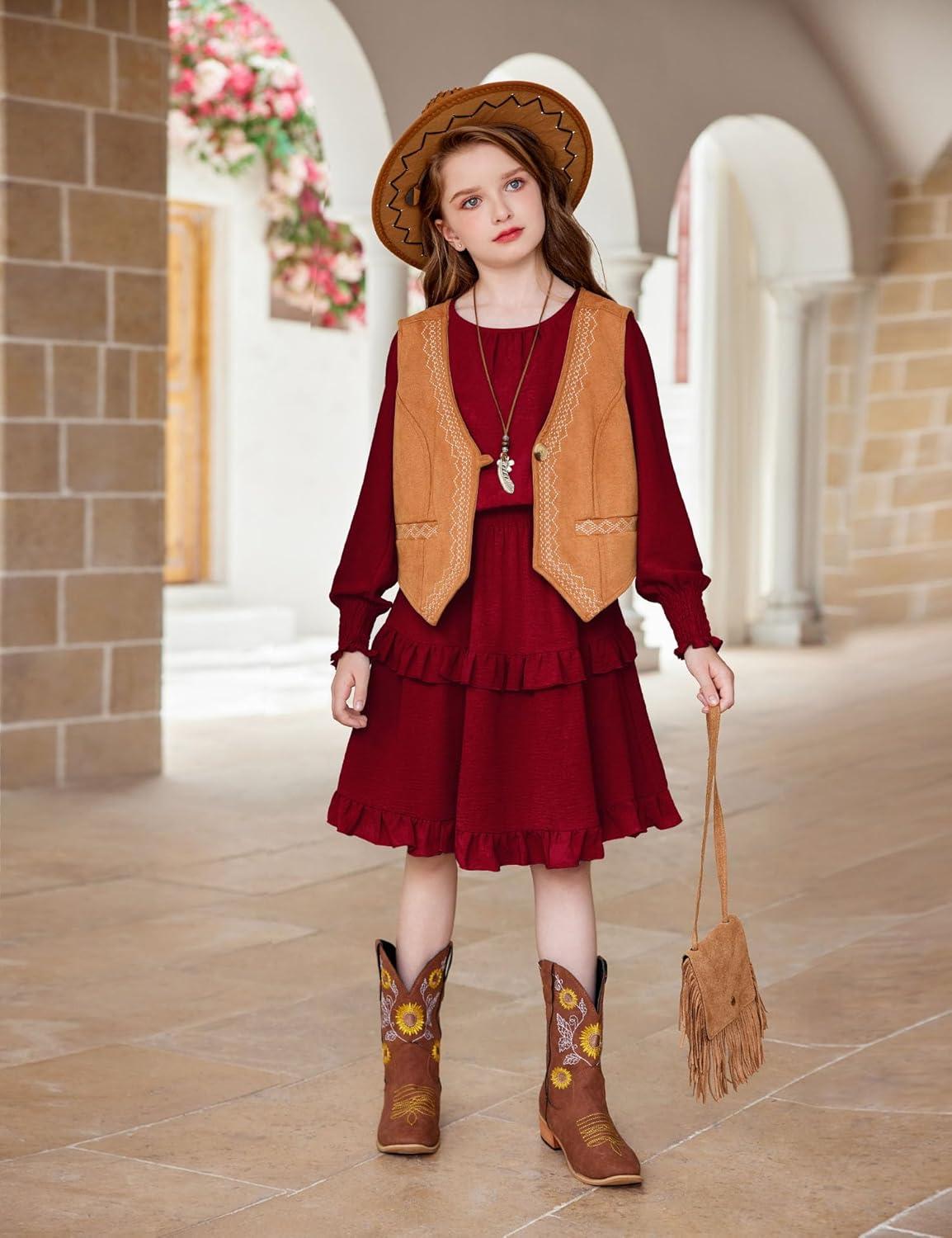 image:imageArshiner Girls Long Sleeve Dress Boho Tiered Ruffle Hem Elegant Smocked Waist Midi DressWine Red