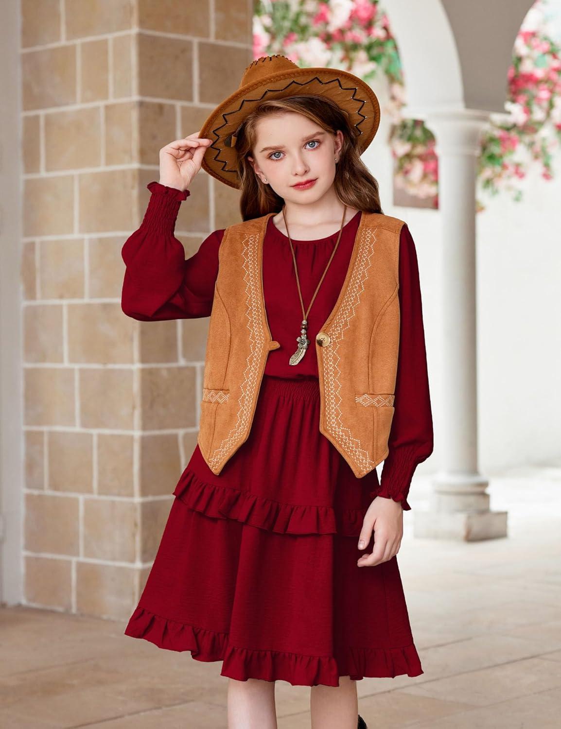 image:imageArshiner Girls Long Sleeve Dress Boho Tiered Ruffle Hem Elegant Smocked Waist Midi DressWine Red
