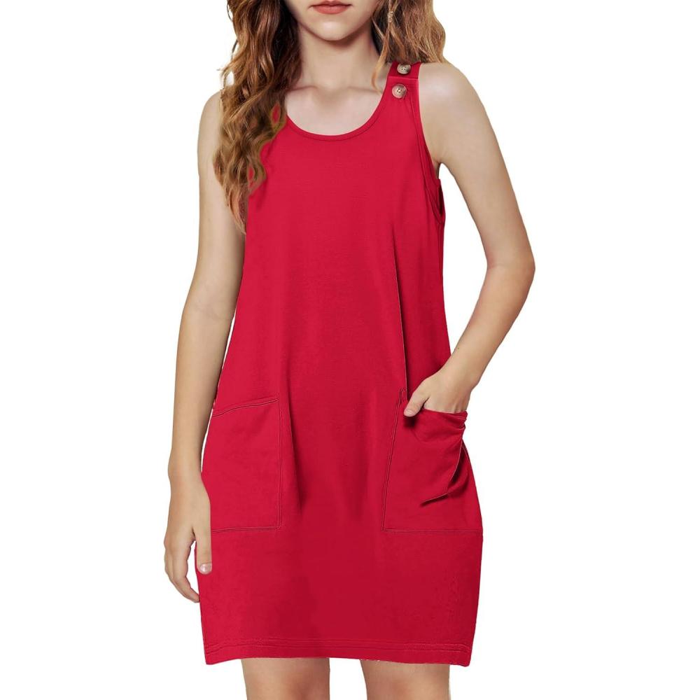 image:imageArshiner Girls Dresses Summer Casual Kids Adjustable Straps Athletic Romper Dress with Shorts and PocketsRed