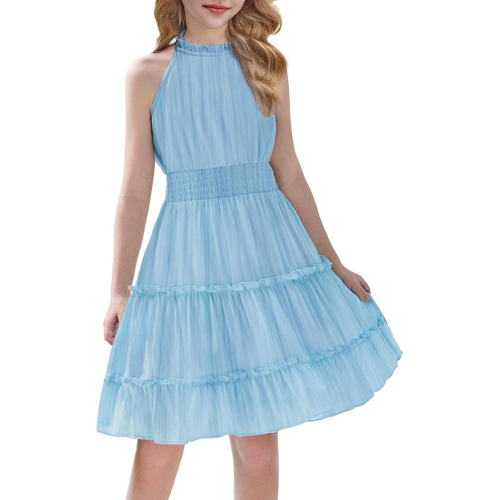 image:imageArshiner Girls Halter Neck Sleeveless Dress Casual Flowy Smocked Cute Summer DressSky Blue