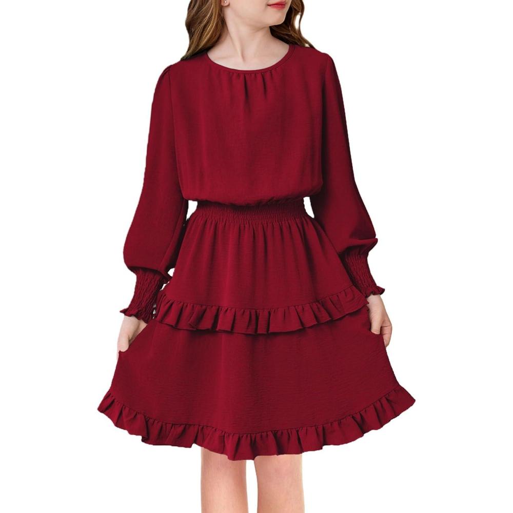 image:imageArshiner Girls Long Sleeve Dress Boho Tiered Ruffle Hem Elegant Smocked Waist Midi DressWine Red