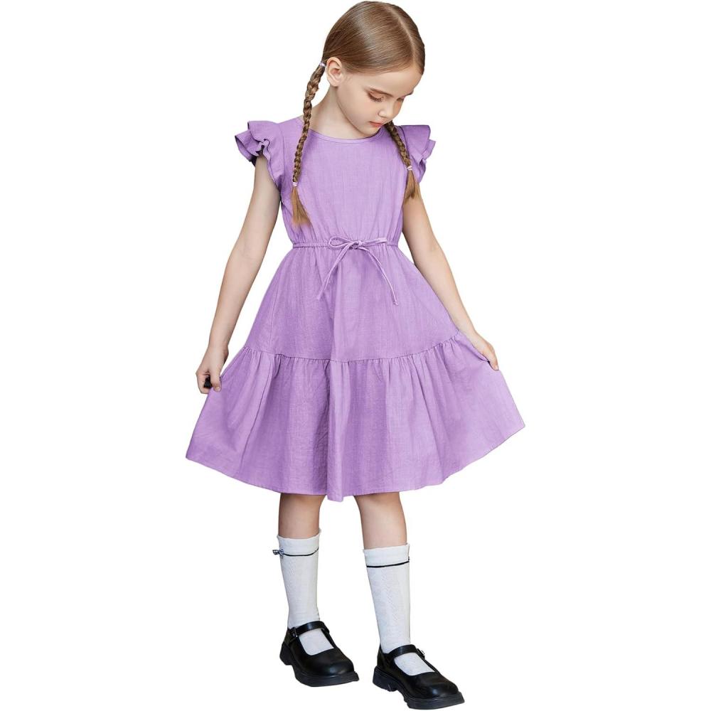 image:imageArshiner Toddler Cotton Linen Dress Summer Casual Party DoubleRuffle Sleeves Dresses 26YLavender