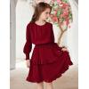 Arshiner Girls Long Sleeve Dress Boho Tiered Ruffle Hem Elegant Smocked Waist Midi Dress(Wine Red)