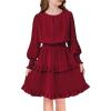 Arshiner Girls Long Sleeve Dress Boho Tiered Ruffle Hem Elegant Smocked Waist Midi Dress(Wine Red)