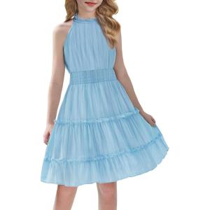Arshiner Girls Halter Neck Sleeveless Dress Casual Flowy Smocked Cute Summer Dress(Sky Blue)