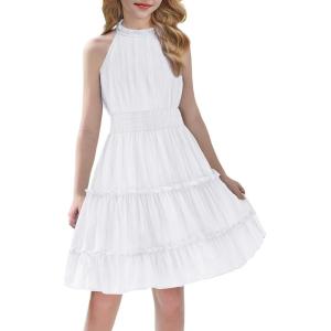Arshiner Girls Halter Neck Sleeveless Dress Casual Flowy Smocked Cute Summer Dress(White)