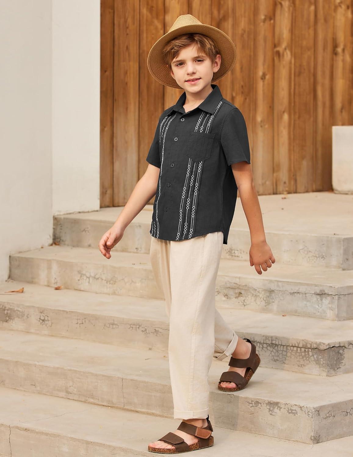 image:imageArshiner Boys Guayabera Shirt Short Sleeve Cotton Linen Button Down Shirt Summer Beach Tops with One PocketMidnight Black