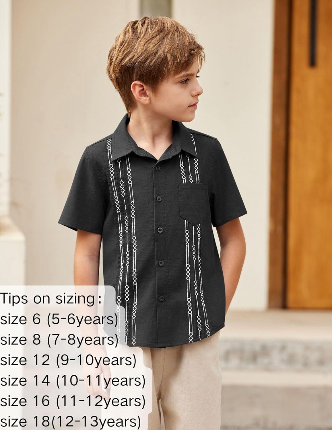 image:imageArshiner Boys Guayabera Shirt Short Sleeve Cotton Linen Button Down Shirt Summer Beach Tops with One PocketMidnight Black