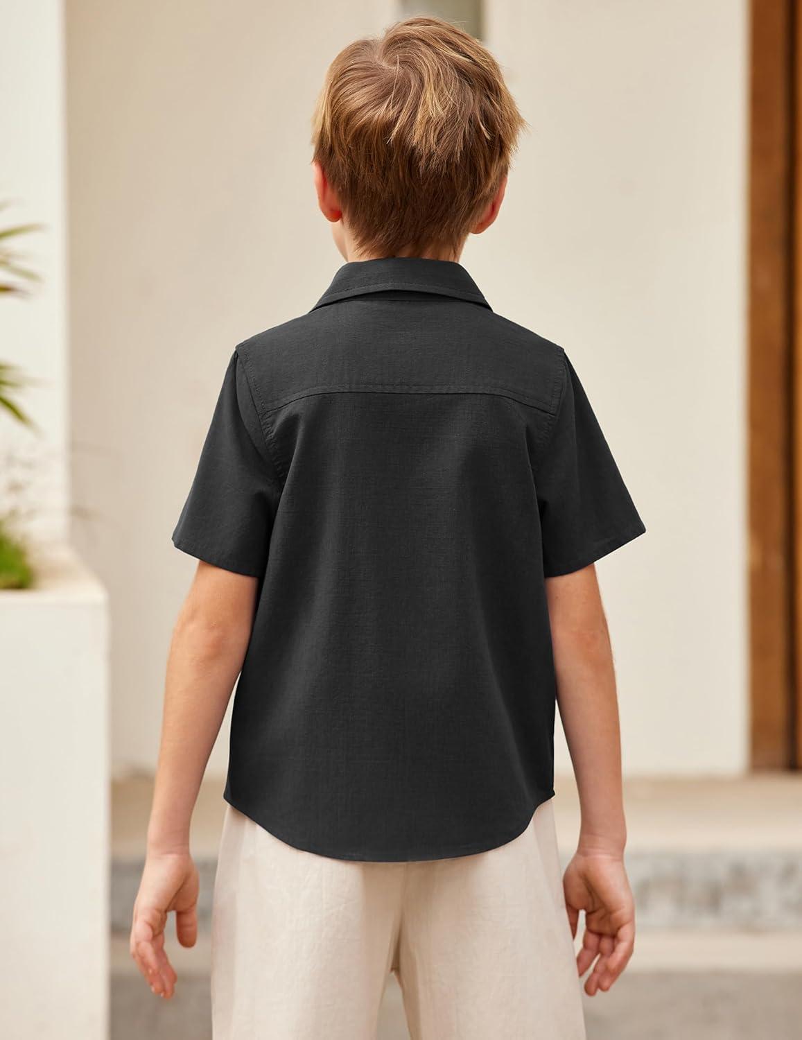 image:imageArshiner Boys Guayabera Shirt Short Sleeve Cotton Linen Button Down Shirt Summer Beach Tops with One PocketMidnight Black