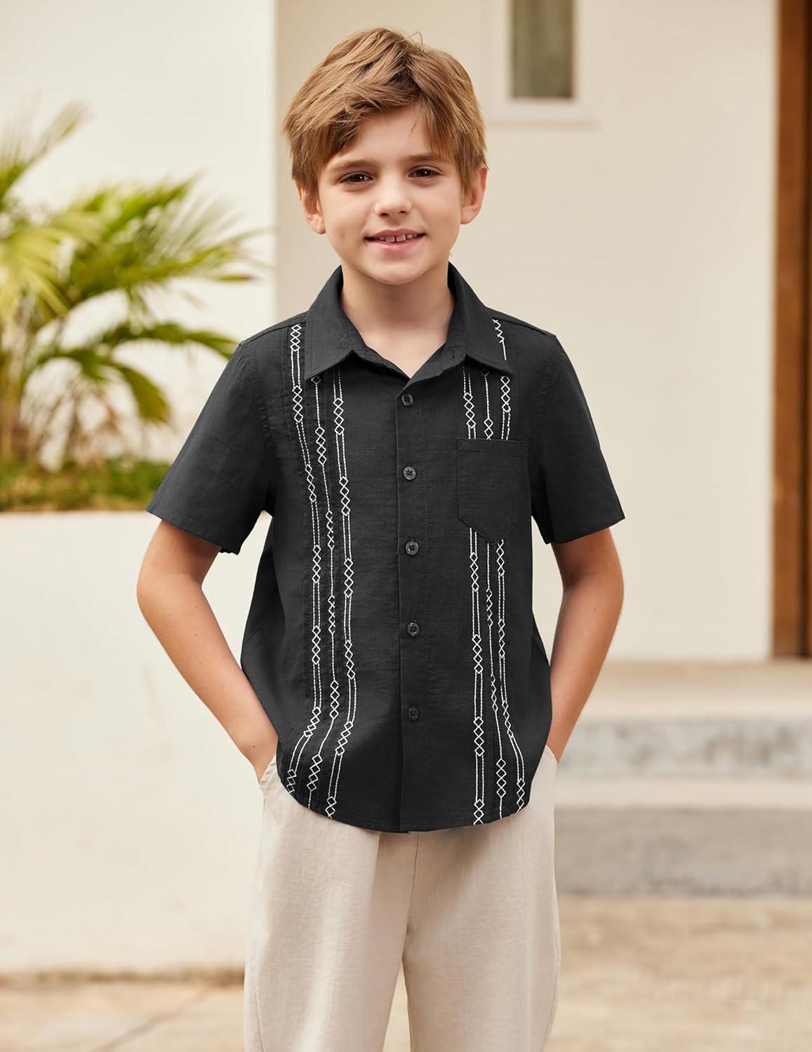 image:imageArshiner Boys Guayabera Shirt Short Sleeve Cotton Linen Button Down Shirt Summer Beach Tops with One PocketMidnight Black