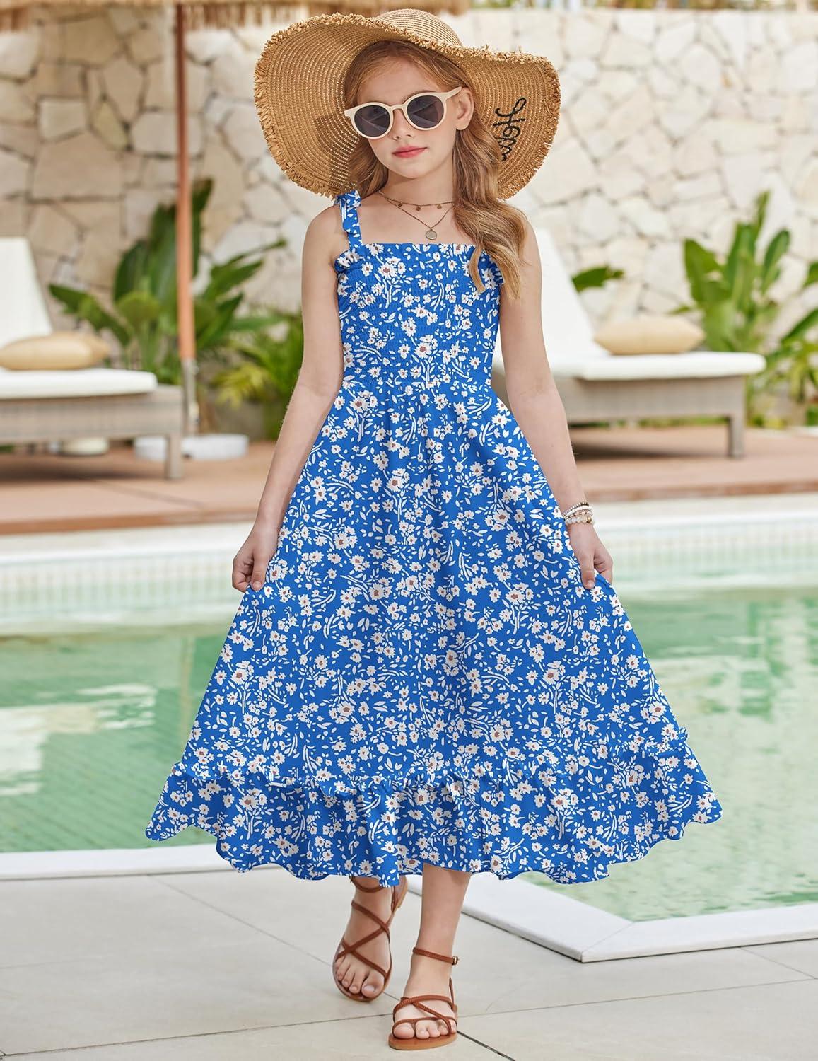 image:imageArshiner Girls Summer Dress Boho Beach Casual Smocked Maxi DressesBlue Floral