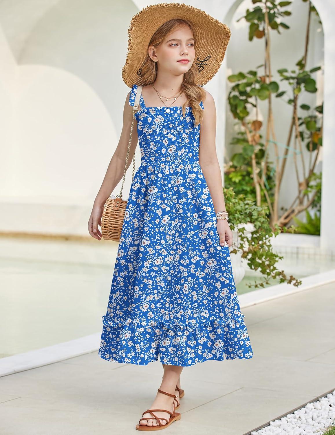 image:imageArshiner Girls Summer Dress Boho Beach Casual Smocked Maxi DressesBlue Floral