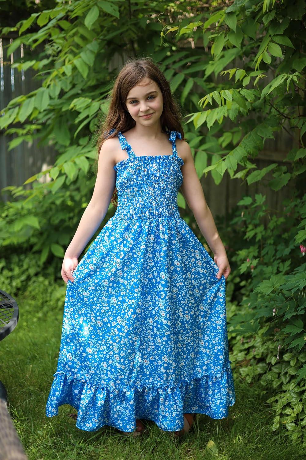 image:imageArshiner Girls Summer Dress Boho Beach Casual Smocked Maxi DressesBlue Floral