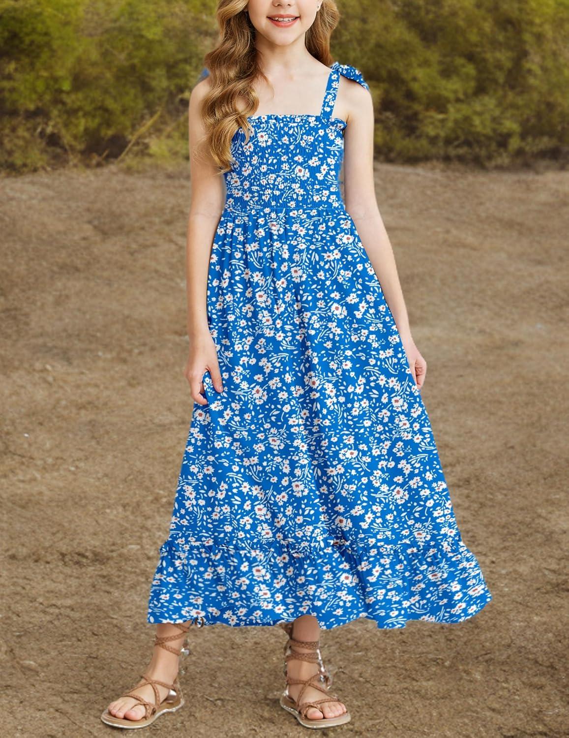 image:imageArshiner Girls Summer Dress Boho Beach Casual Smocked Maxi DressesBlue Floral