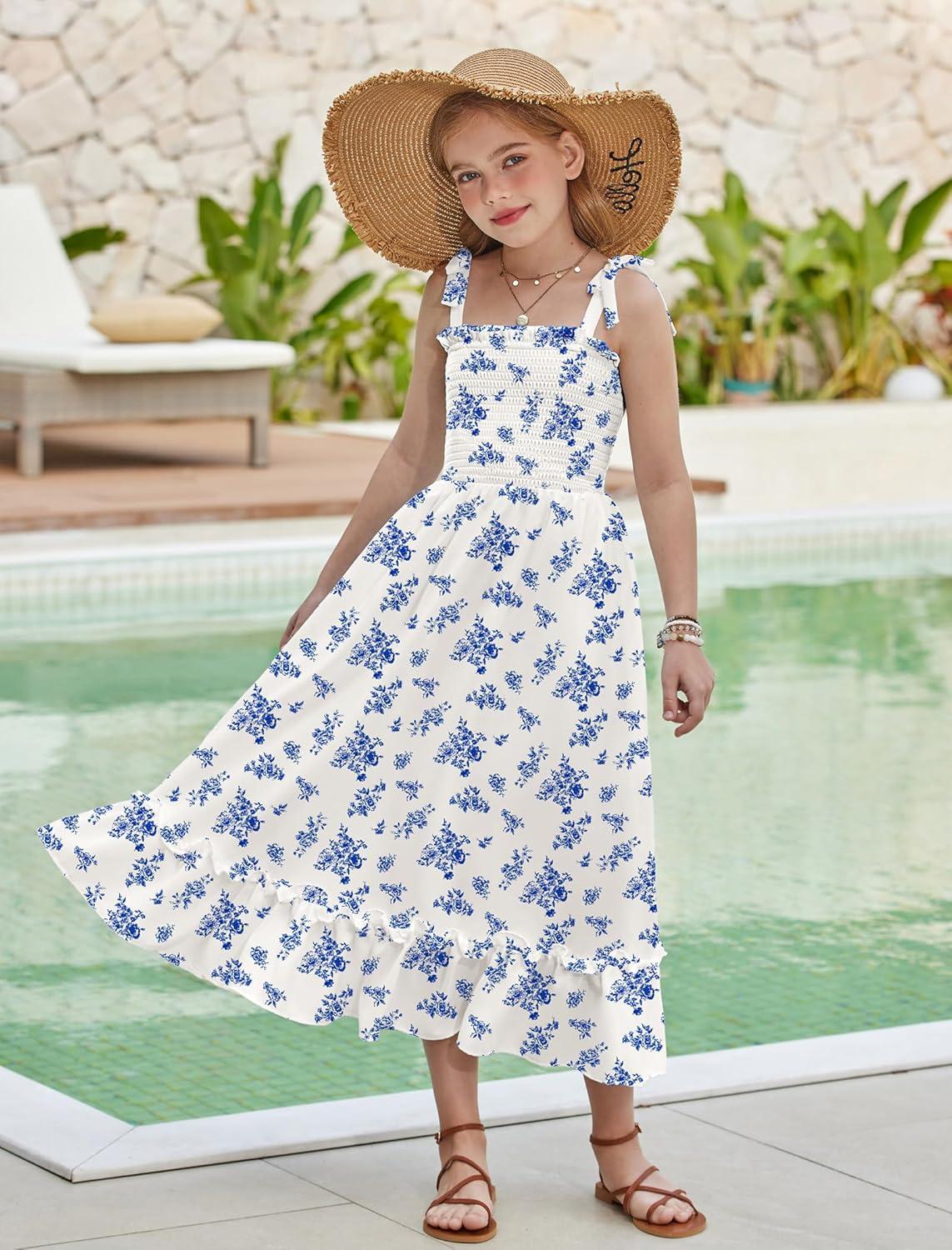 image:imageArshiner Girls Summer Dress Boho Beach Casual Smocked Maxi DressesBlue Floral Pattern