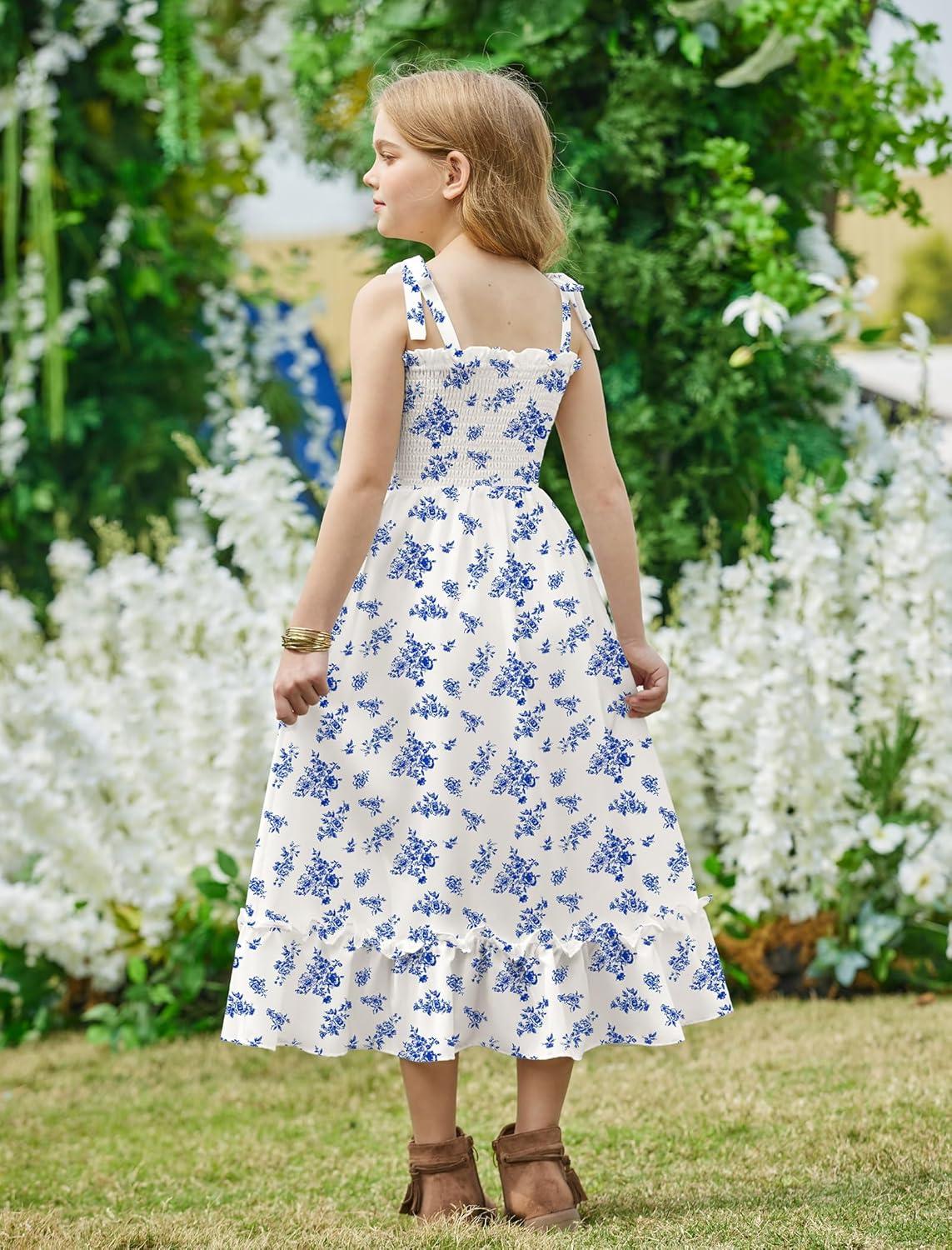 image:imageArshiner Girls Summer Dress Boho Beach Casual Smocked Maxi DressesBlue Floral Pattern