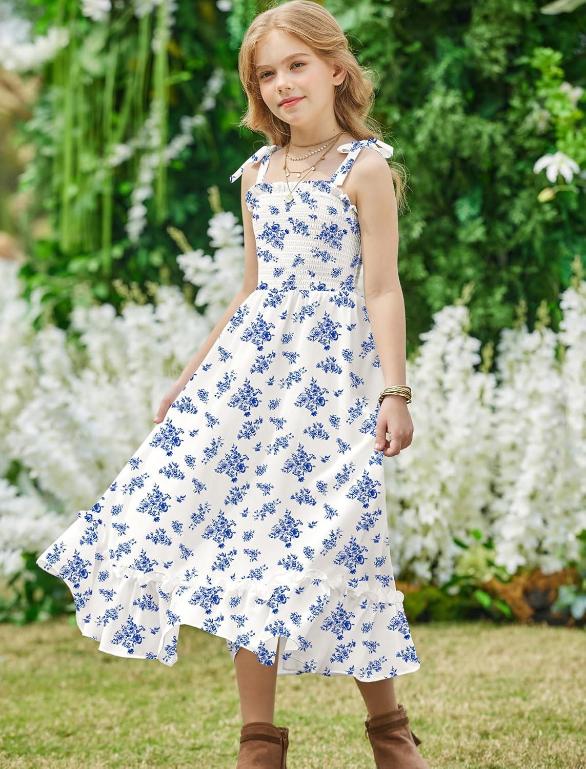 image:imageArshiner Girls Summer Dress Boho Beach Casual Smocked Maxi DressesBlue Floral Pattern