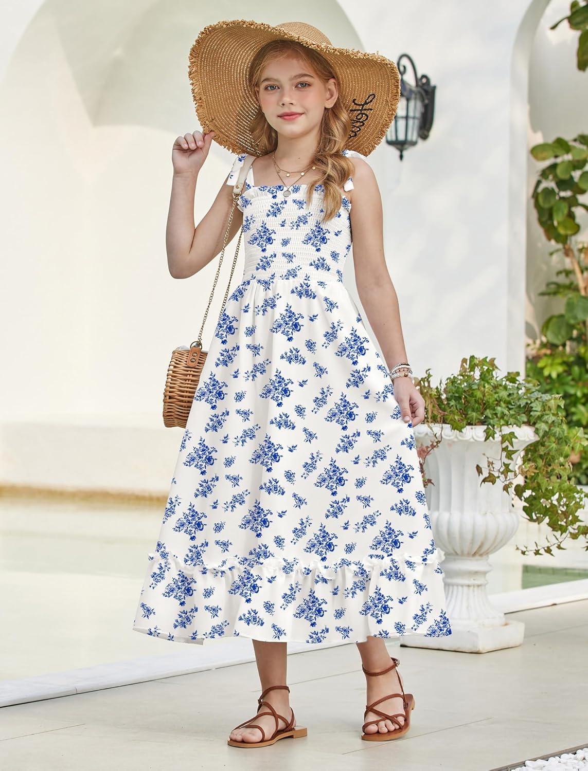 image:imageArshiner Girls Summer Dress Boho Beach Casual Smocked Maxi DressesBlue Floral Pattern
