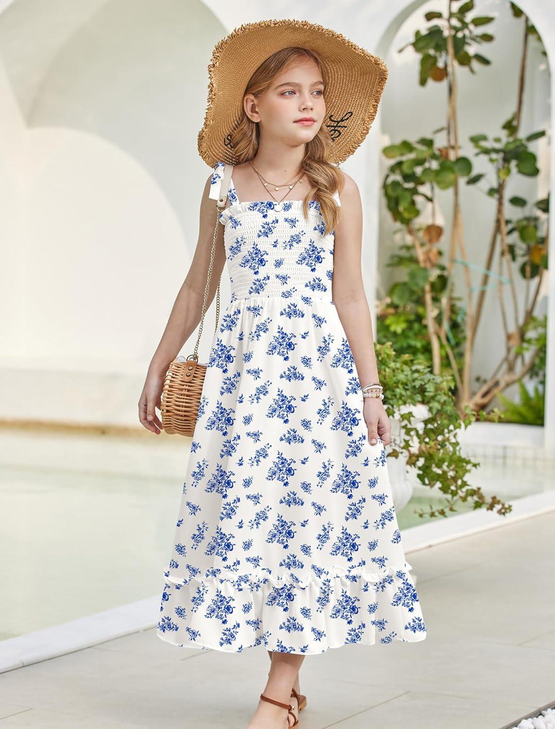 image:imageArshiner Girls Summer Dress Boho Beach Casual Smocked Maxi DressesBlue Floral Pattern