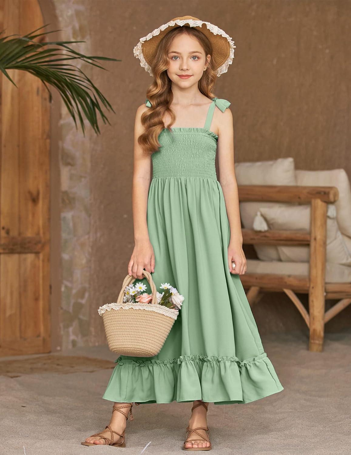 image:imageArshiner Girls Summer Dress Boho Beach Casual Smocked Maxi DressesGreen