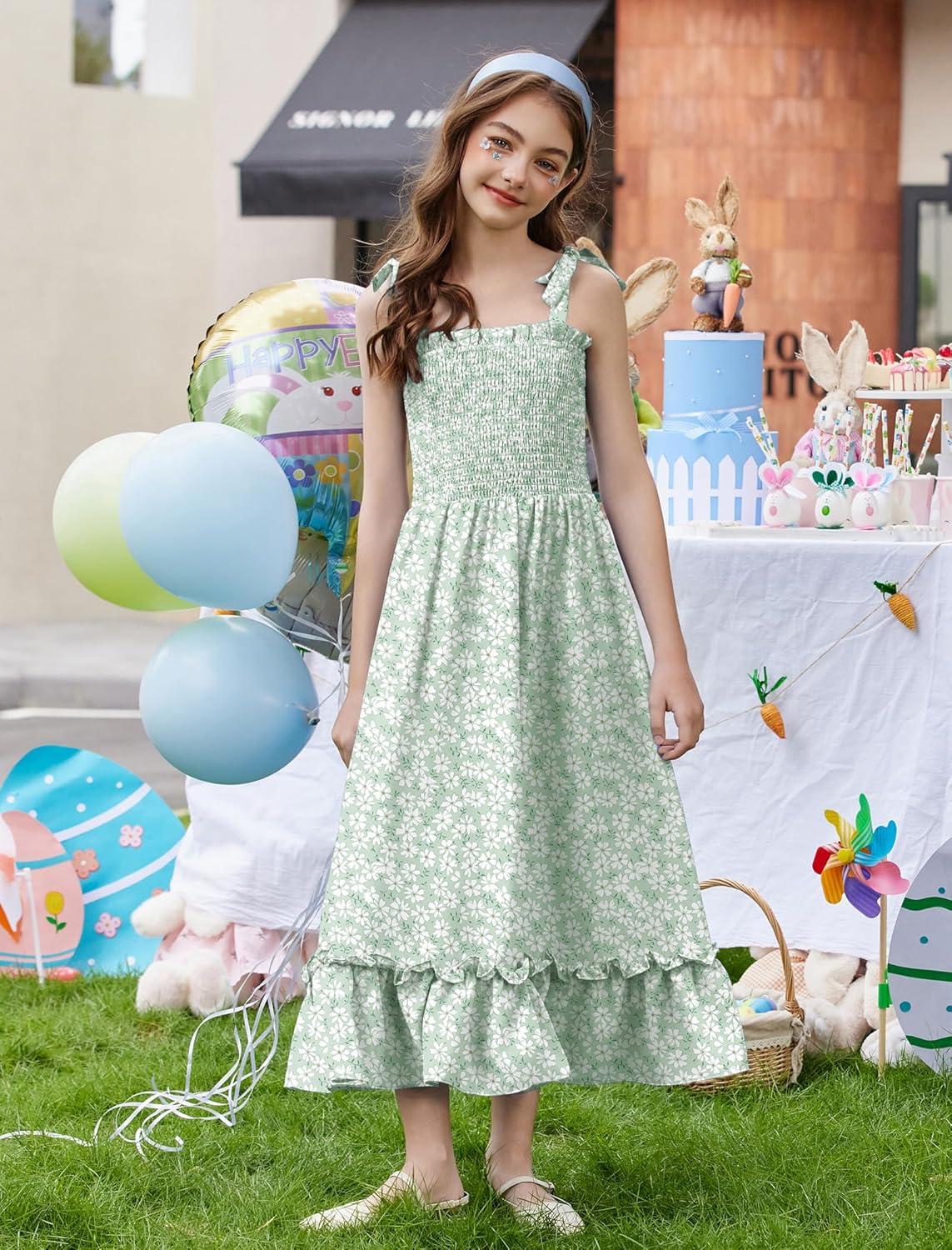 image:imageArshiner Girls Summer Dress Boho Beach Casual Smocked Maxi DressesGreen Floral Pattern