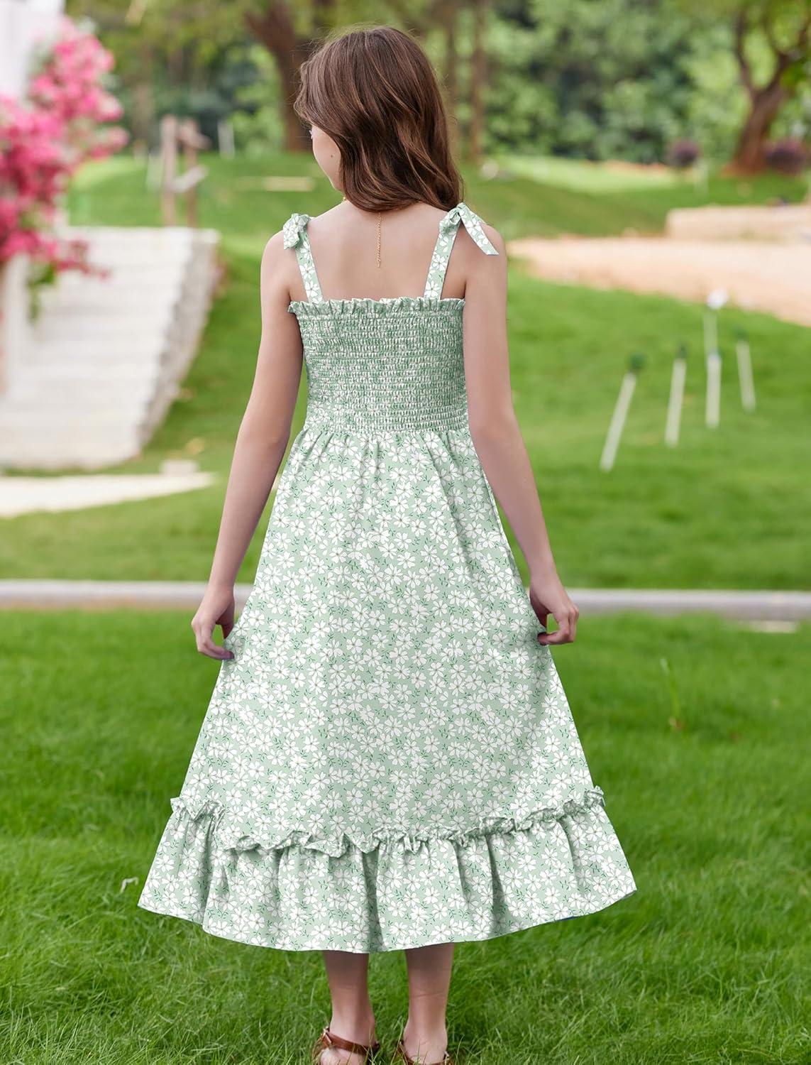 image:imageArshiner Girls Summer Dress Boho Beach Casual Smocked Maxi DressesGreen Floral Pattern