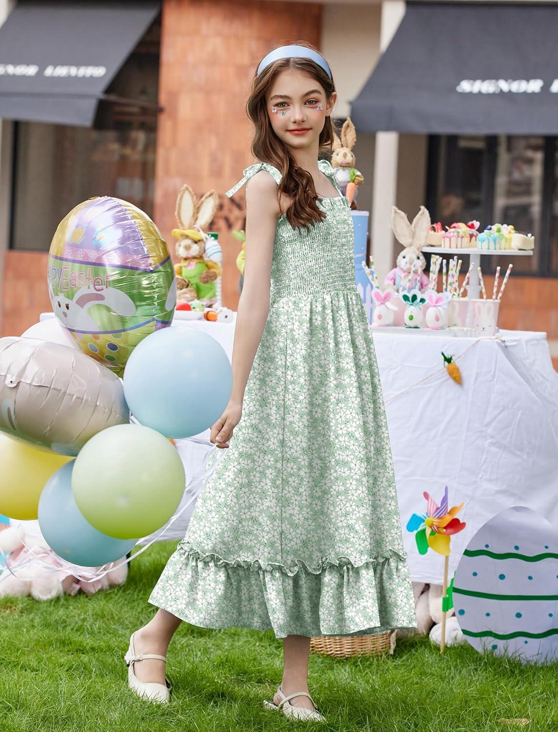 image:imageArshiner Girls Summer Dress Boho Beach Casual Smocked Maxi DressesGreen Floral Pattern