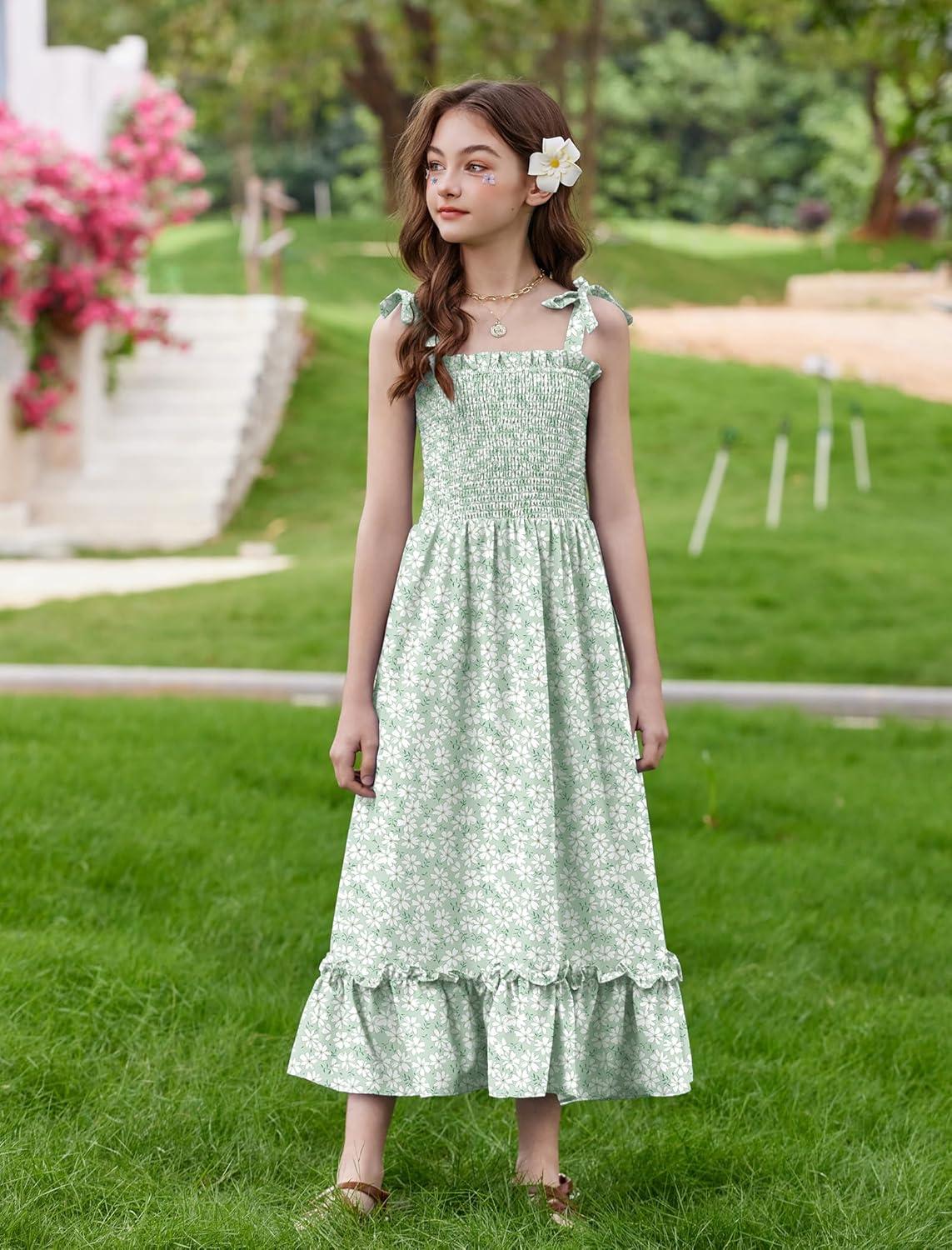 image:imageArshiner Girls Summer Dress Boho Beach Casual Smocked Maxi DressesGreen Floral Pattern