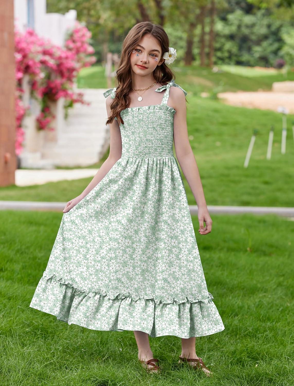 image:imageArshiner Girls Summer Dress Boho Beach Casual Smocked Maxi DressesGreen Floral Pattern