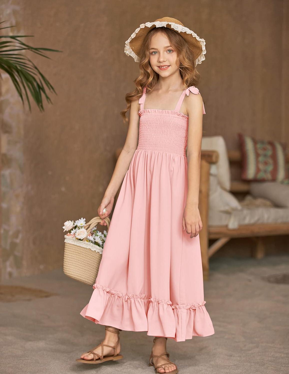 image:imageArshiner Girls Summer Dress Boho Beach Casual Smocked Maxi DressesPink