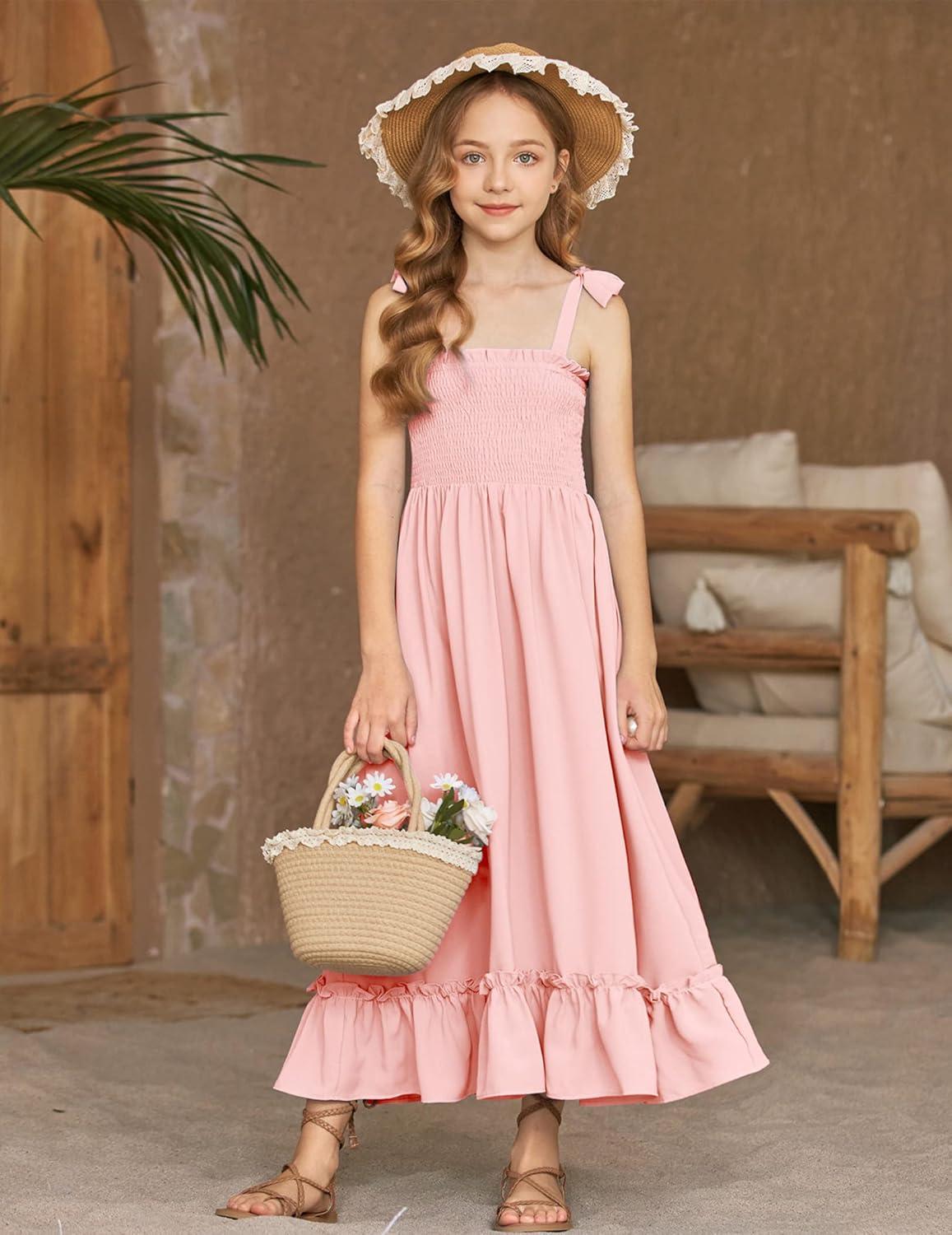 image:imageArshiner Girls Summer Dress Boho Beach Casual Smocked Maxi DressesPink