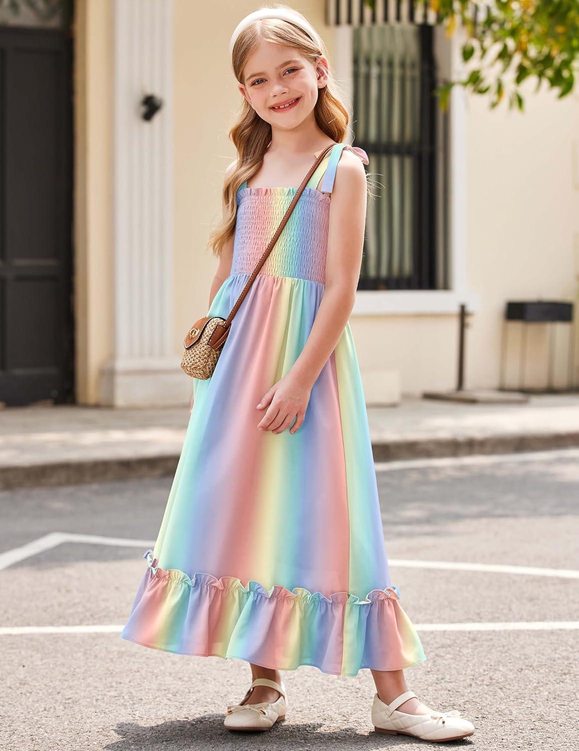 image:imageArshiner Girls Summer Dress Boho Beach Casual Smocked Maxi DressesPink Blue