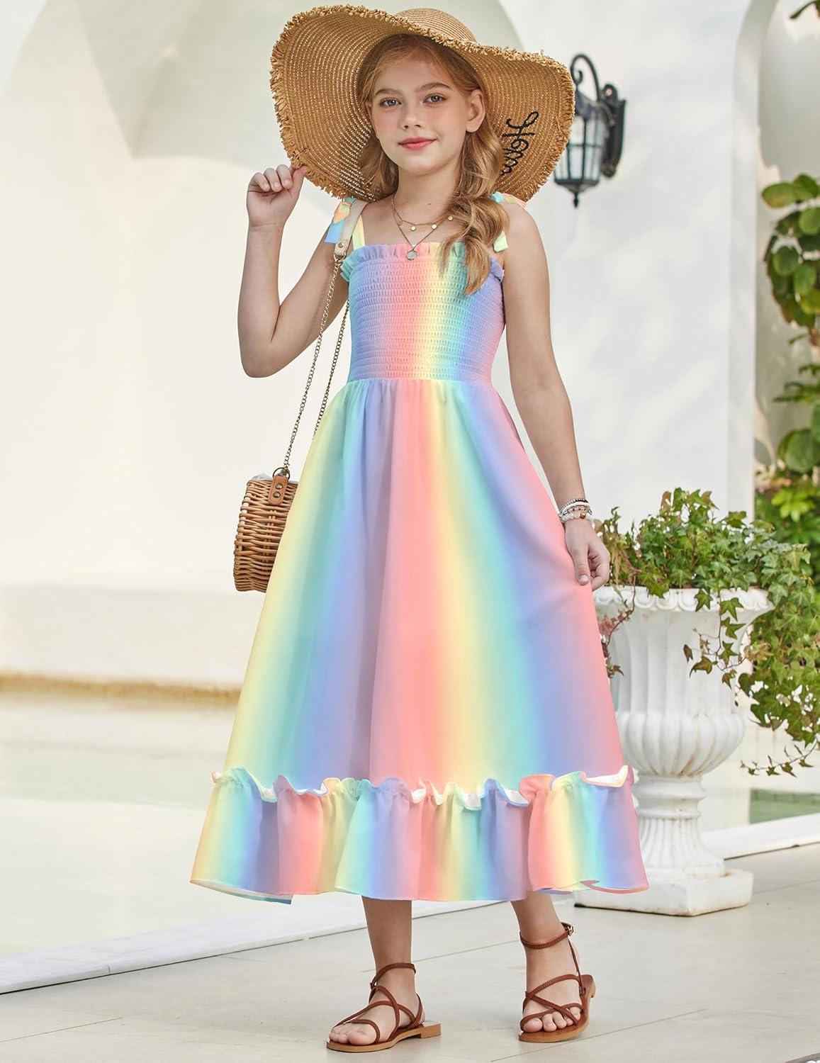 image:imageArshiner Girls Summer Dress Boho Beach Casual Smocked Maxi DressesPink Blue