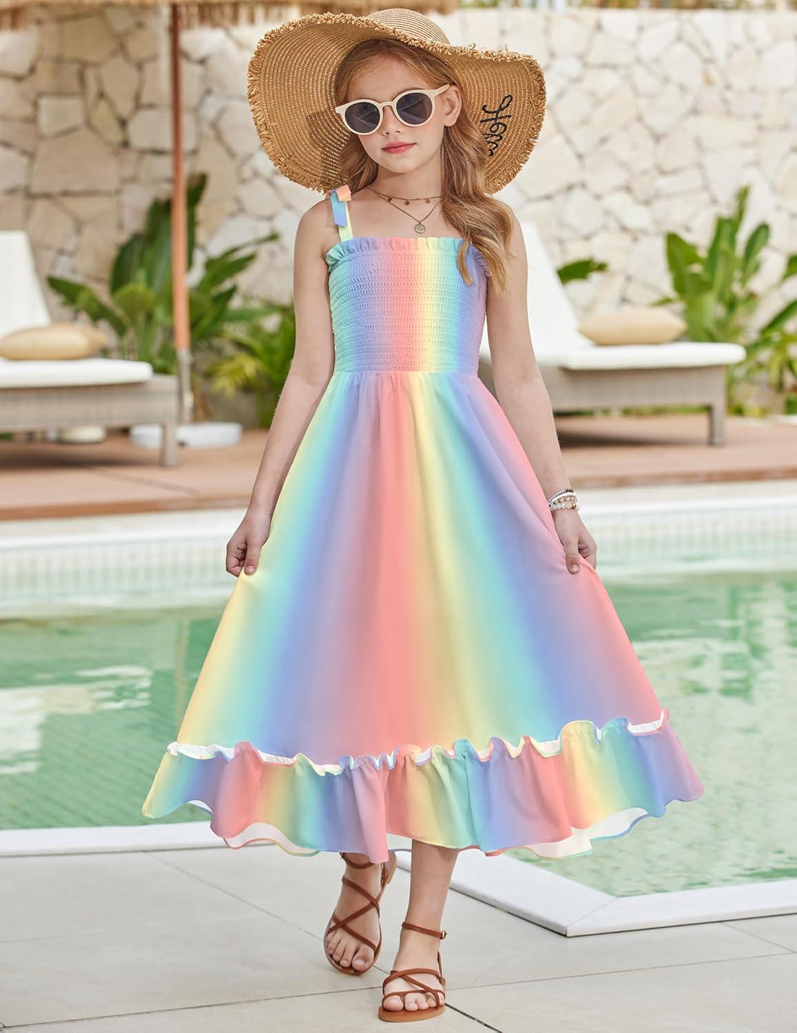 image:imageArshiner Girls Summer Dress Boho Beach Casual Smocked Maxi DressesPink Blue