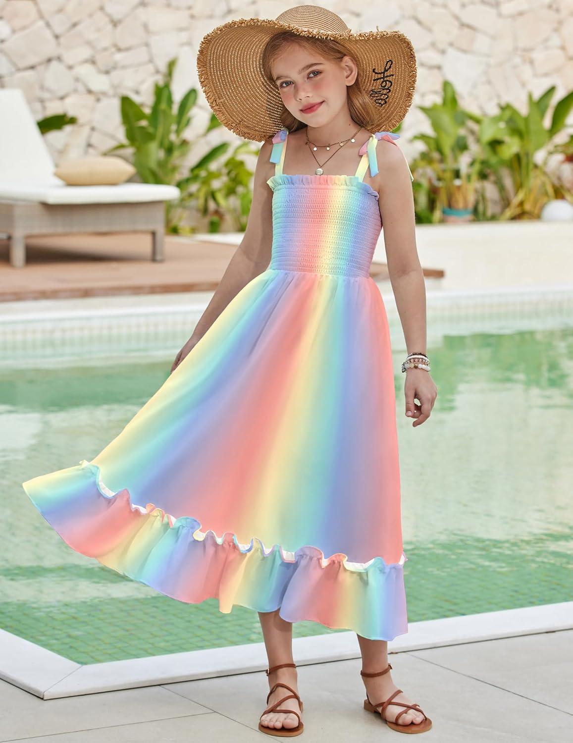 image:imageArshiner Girls Summer Dress Boho Beach Casual Smocked Maxi DressesPink Blue
