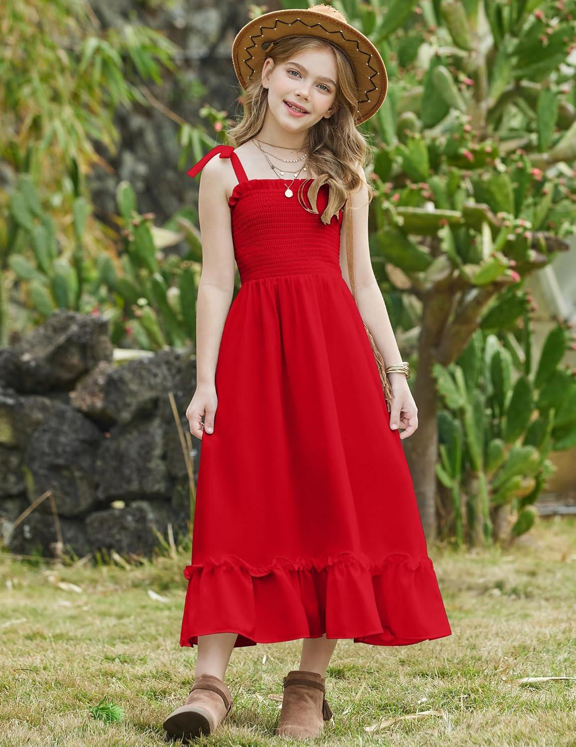 image:imageArshiner Girls Summer Dress Boho Beach Casual Smocked Maxi DressesRed