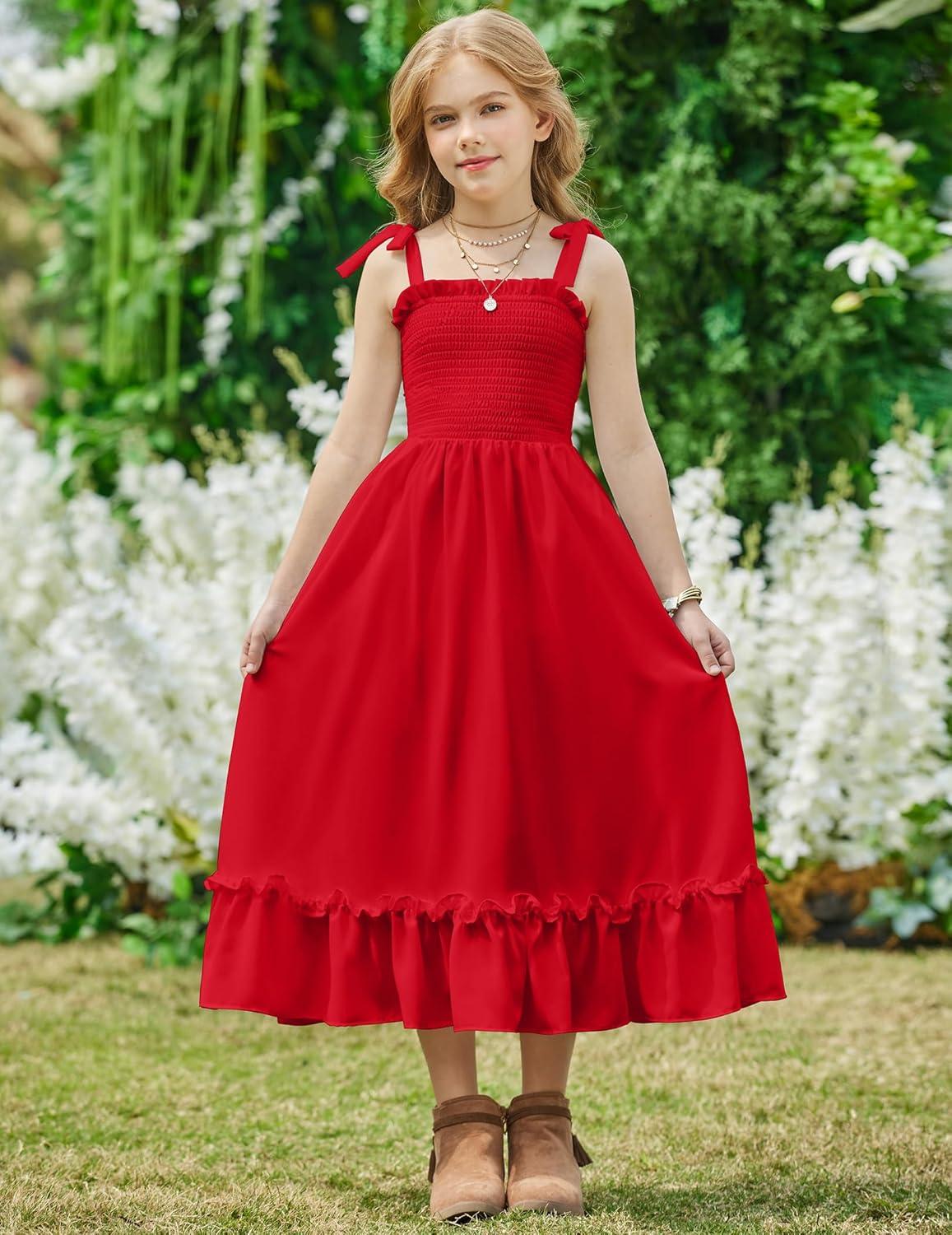 image:imageArshiner Girls Summer Dress Boho Beach Casual Smocked Maxi DressesRed