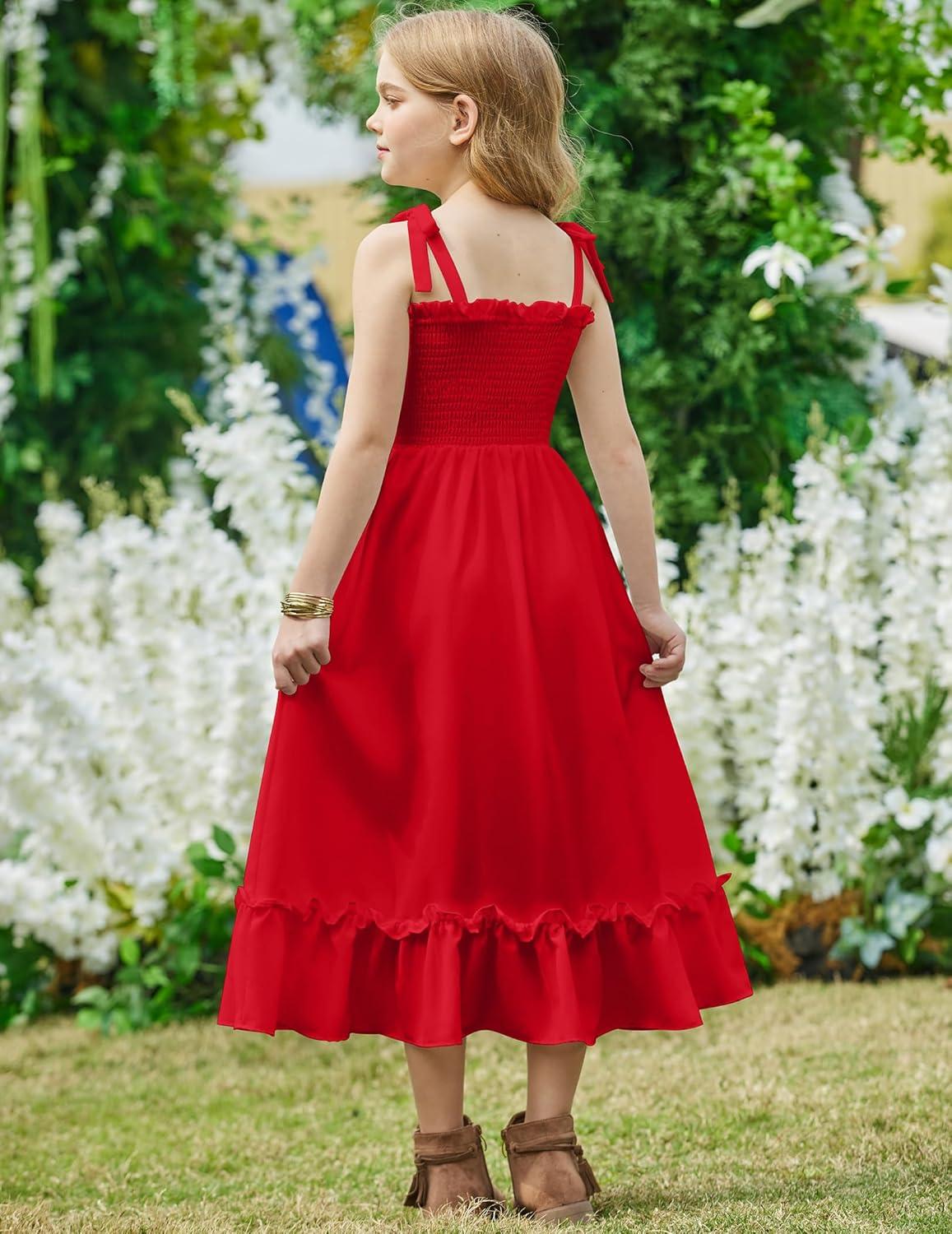 image:imageArshiner Girls Summer Dress Boho Beach Casual Smocked Maxi DressesRed