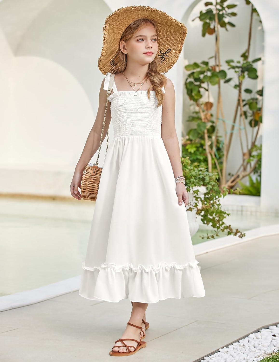 image:imageArshiner Girls Summer Dress Boho Beach Casual Smocked Maxi DressesWhite