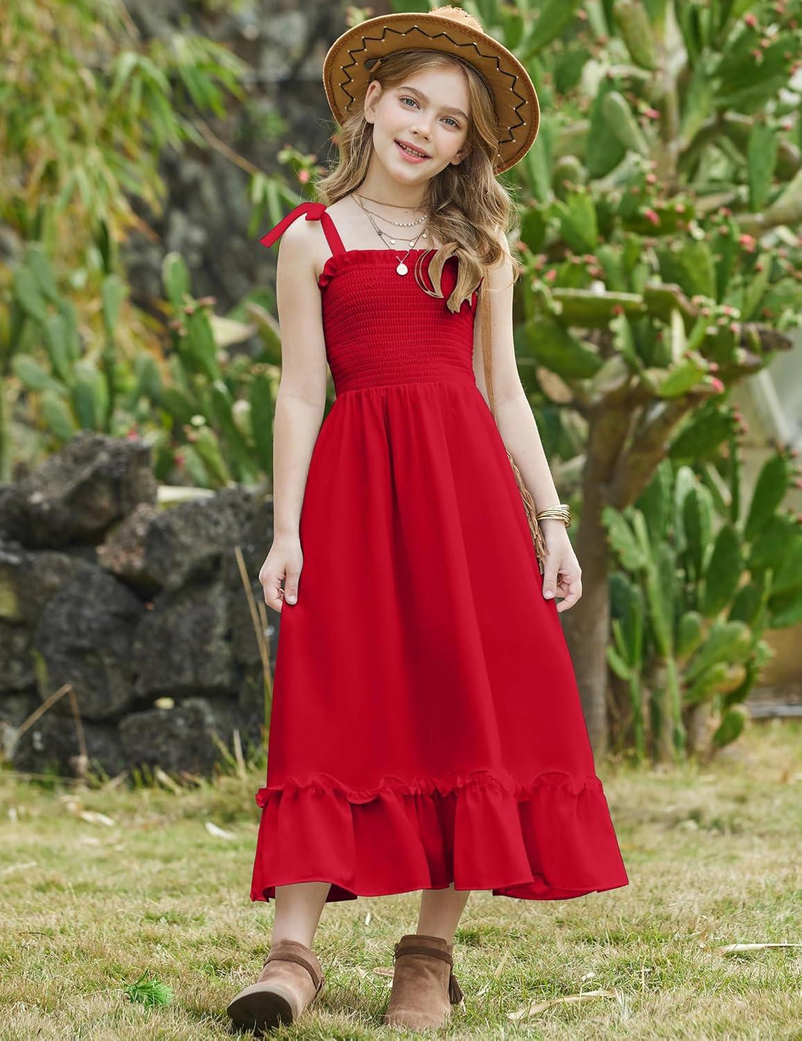 image:imageArshiner Girls Summer Dress Boho Beach Casual Smocked Maxi DressesWine Red