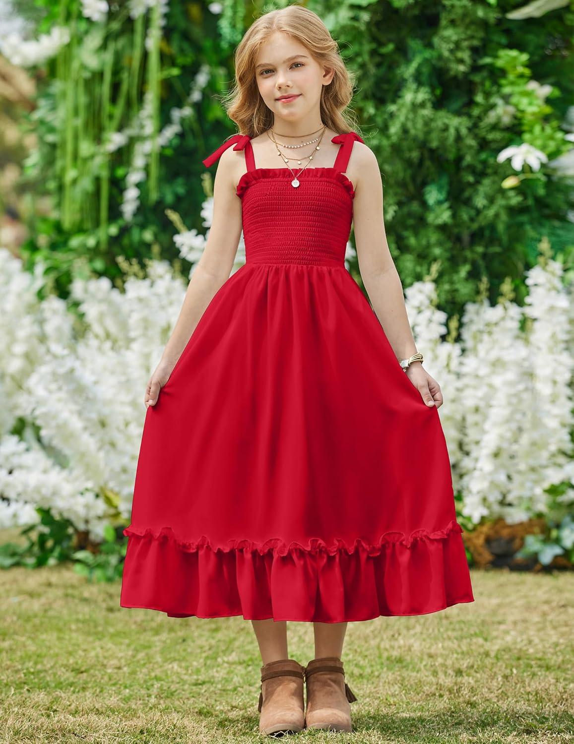 image:imageArshiner Girls Summer Dress Boho Beach Casual Smocked Maxi DressesWine Red