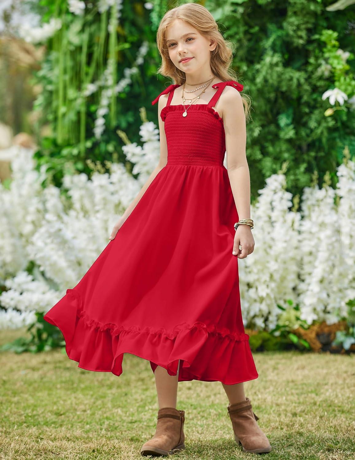 image:imageArshiner Girls Summer Dress Boho Beach Casual Smocked Maxi DressesWine Red