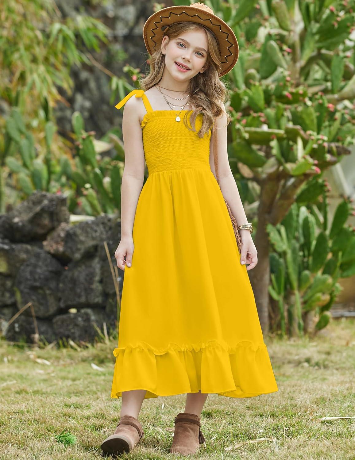 image:imageArshiner Girls Summer Dress Boho Beach Casual Smocked Maxi DressesYellow